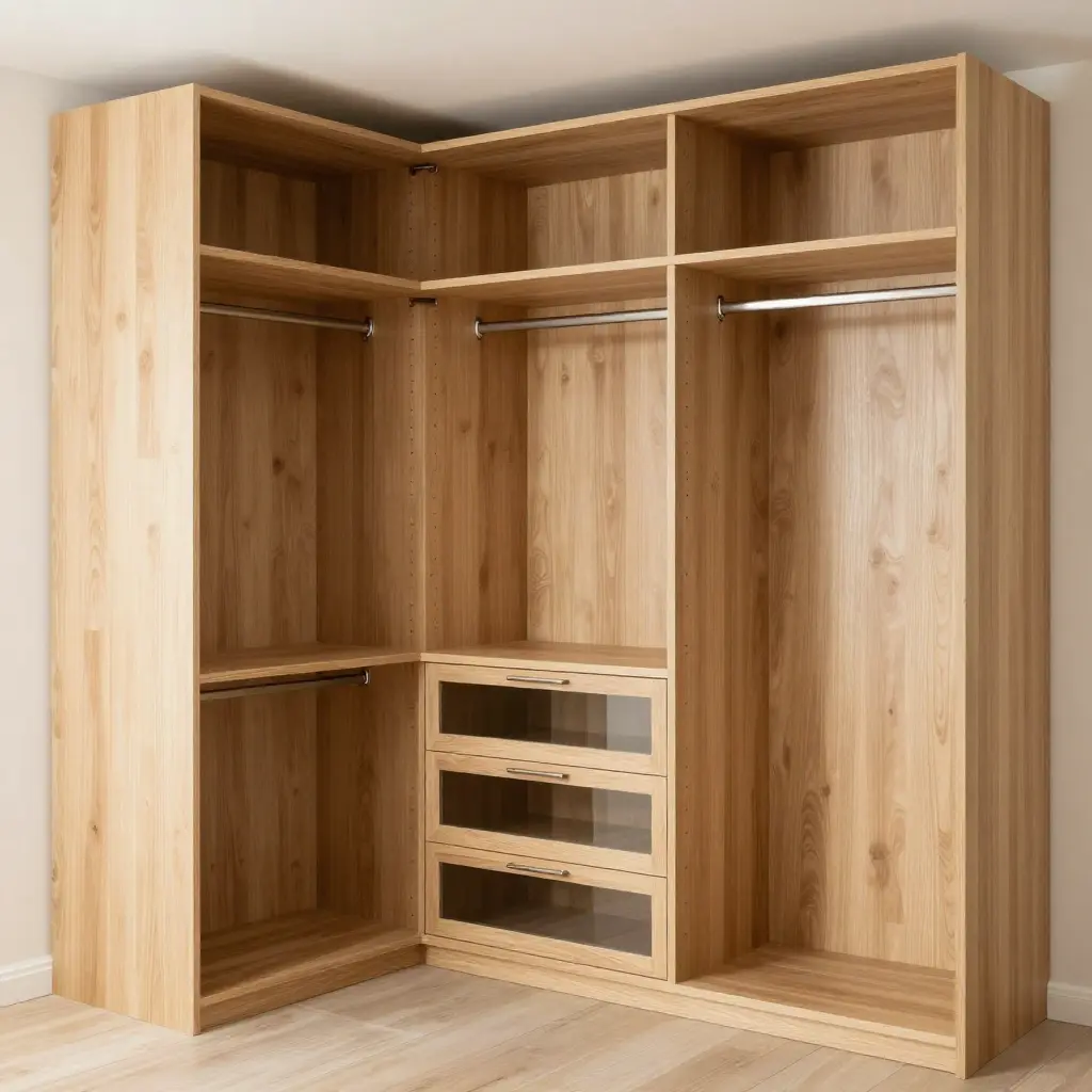 Custom walk-in wardrobe with timber finishes